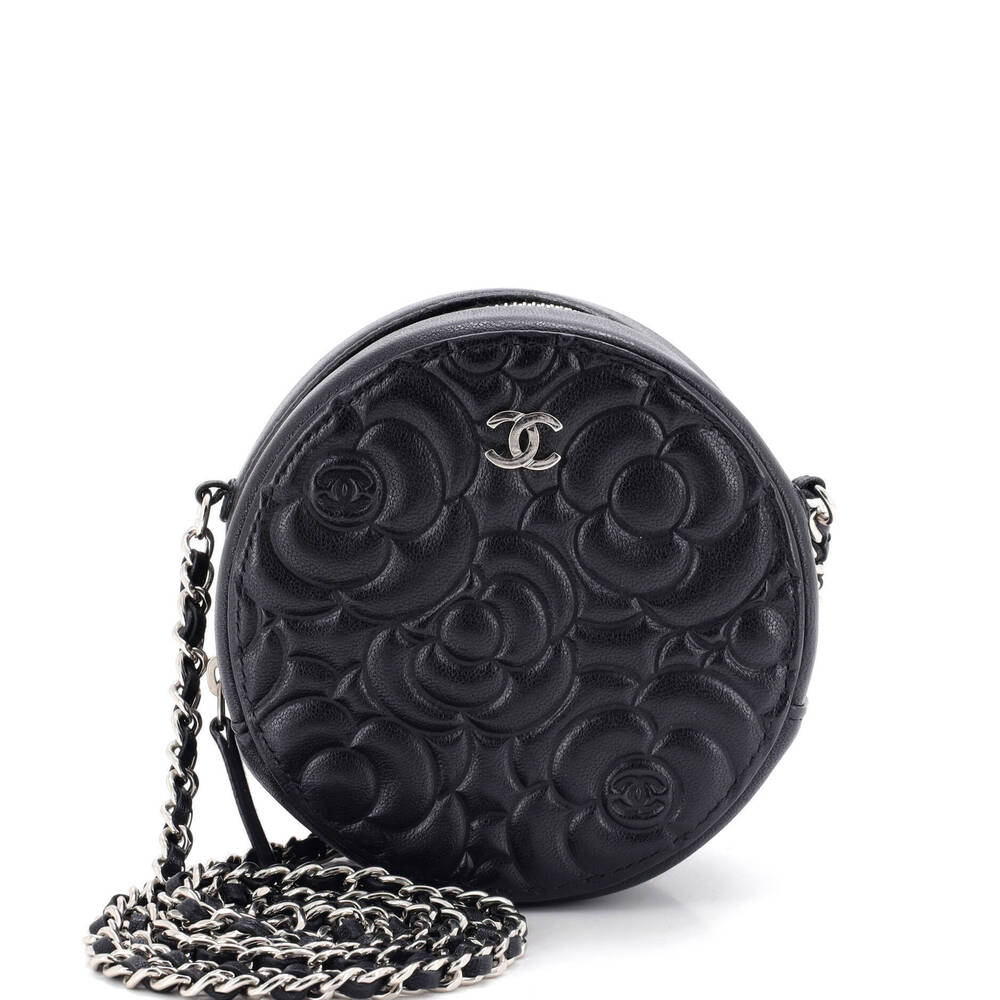 Chanel Mini Round Clutch with Chain Camellia Goatskin